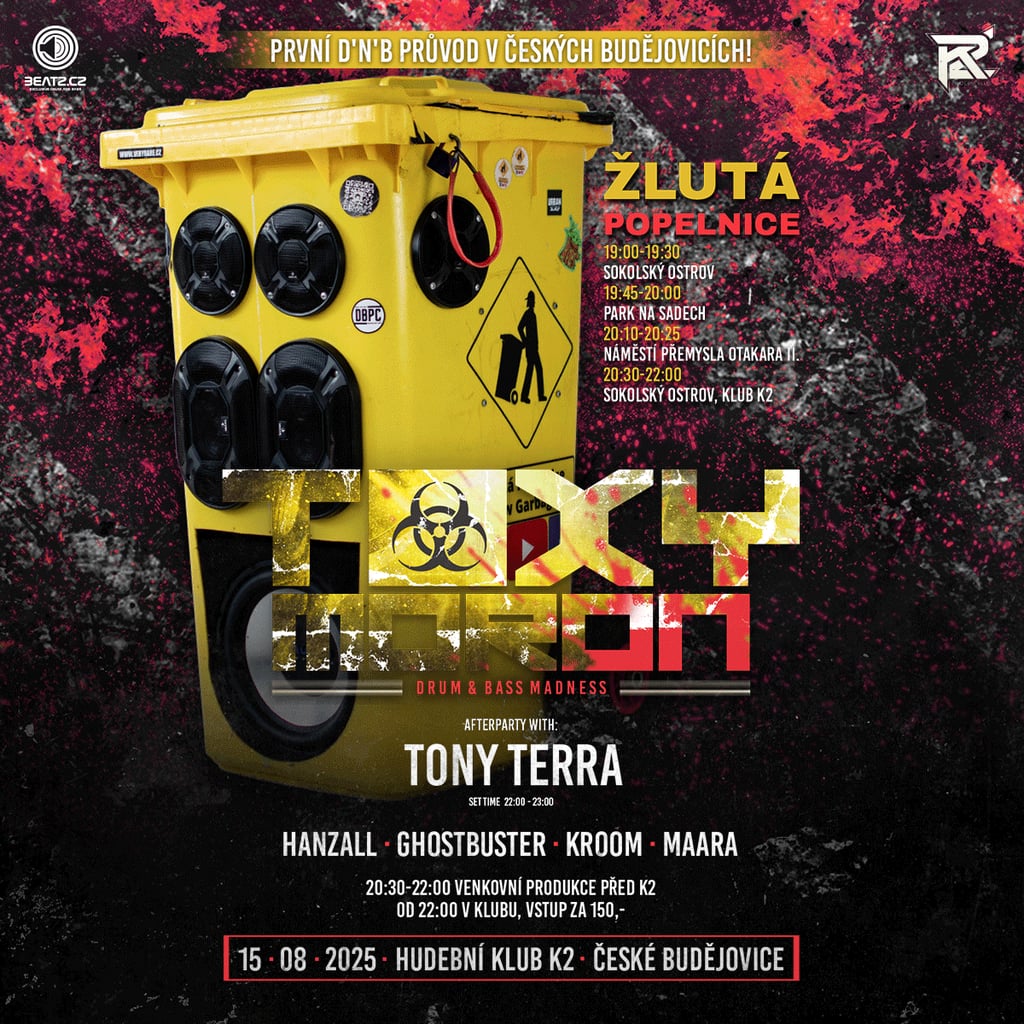 Žlutá popelnice - první D'n'B průvod v ČB + Toxymoron afterparty w. TONY TERRA